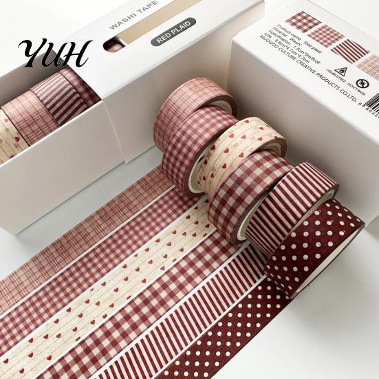 Crafting Washi Tape Rolls 6 Plaid Set, Grid Checkered Pattern Masking Tape, Self Literary Art Style Adhesive Decorative for DIY Crafts, Journal,
