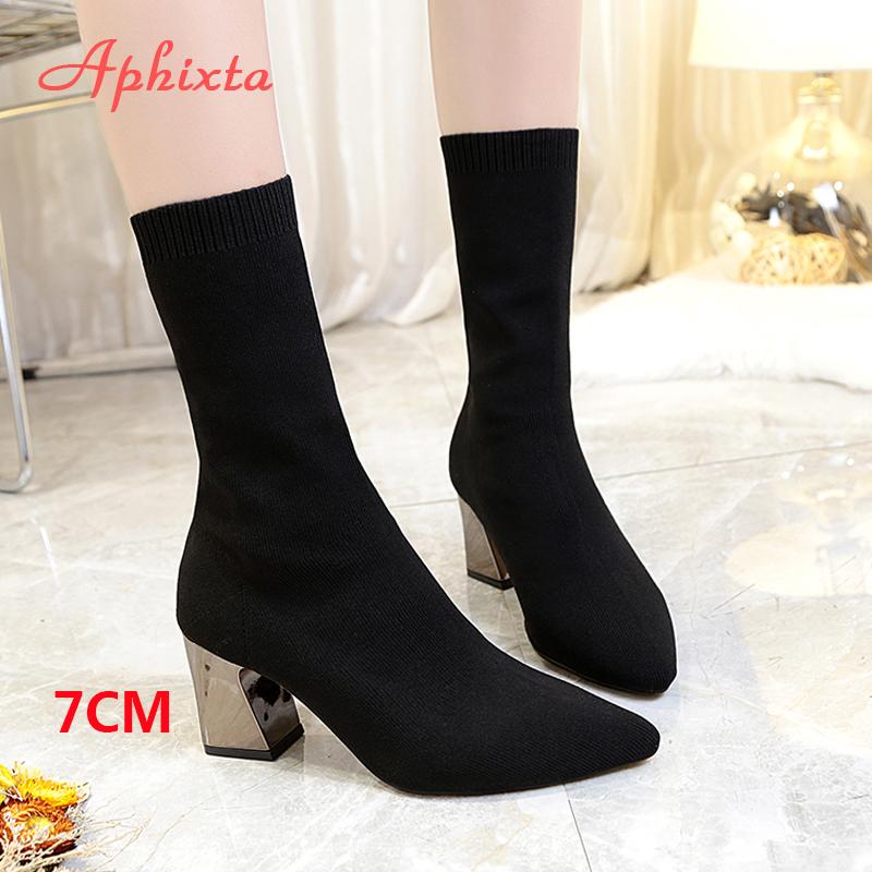 Модные Aphixta 2025 Новые модные ботильоны Женская обувь Эластичные ботильоны-носки На массивном высоком каблуке Растягивающиеся Сексуальные ботильоны Заостренный носок Плюс 41 43