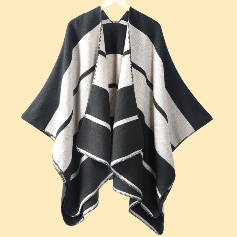 New Ladies Autumn and Winter Warm Scarf Shawl Cape Simple Large Horizontal Strip Jacquard Cape Office Warm Blanket