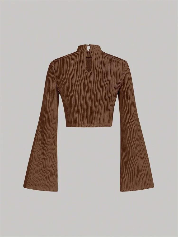 Long Sleeve Crop Top Phumee Textured Mock Neck Solid Color A1144