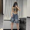 European Fashion High-waist Fringed Denim Shorts for Ladies with Beads Pant