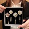 Chinese Style Natural Seashell Tassel Fan Brooch with Plum, Orchid, Bamboo, Chrysanthemum, Pearl Corsage, and Empty Setting