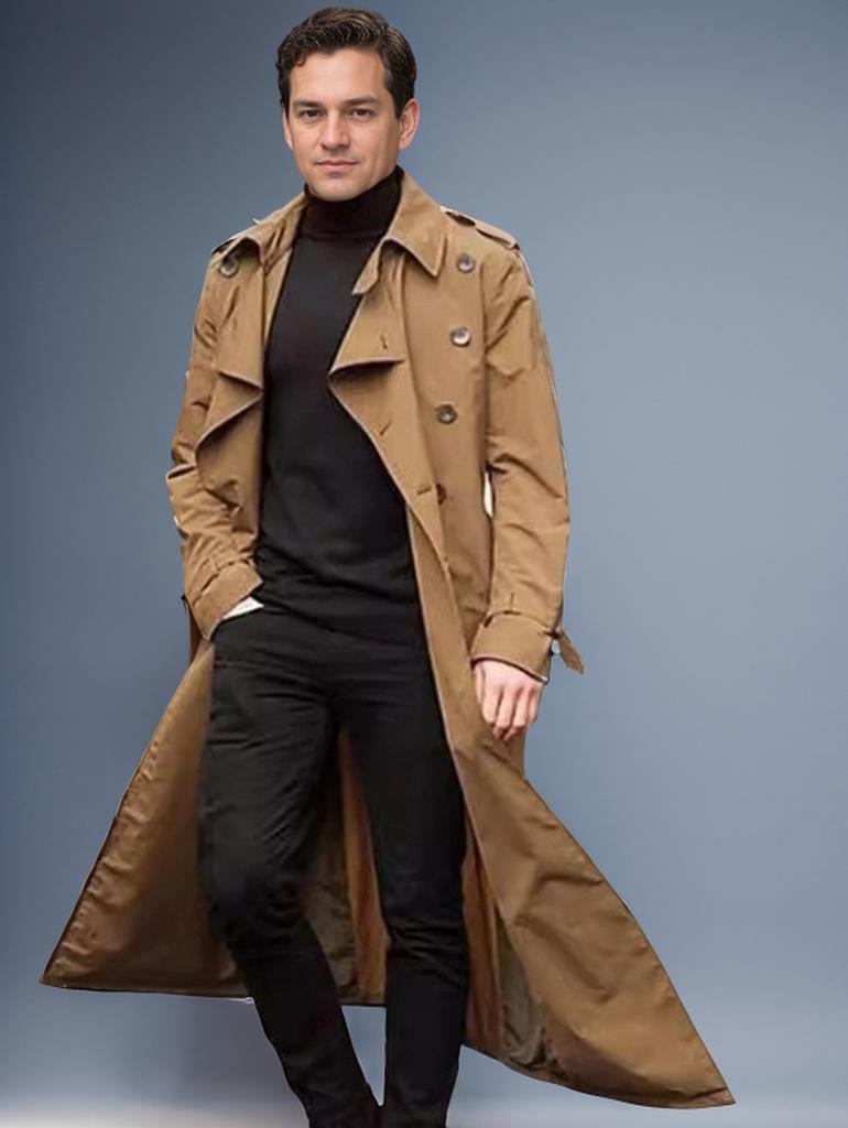Men's Long Black Trench Coat, Slim Fit Double-Breasted Overcoat with Belt, Casual Business Outerwear
