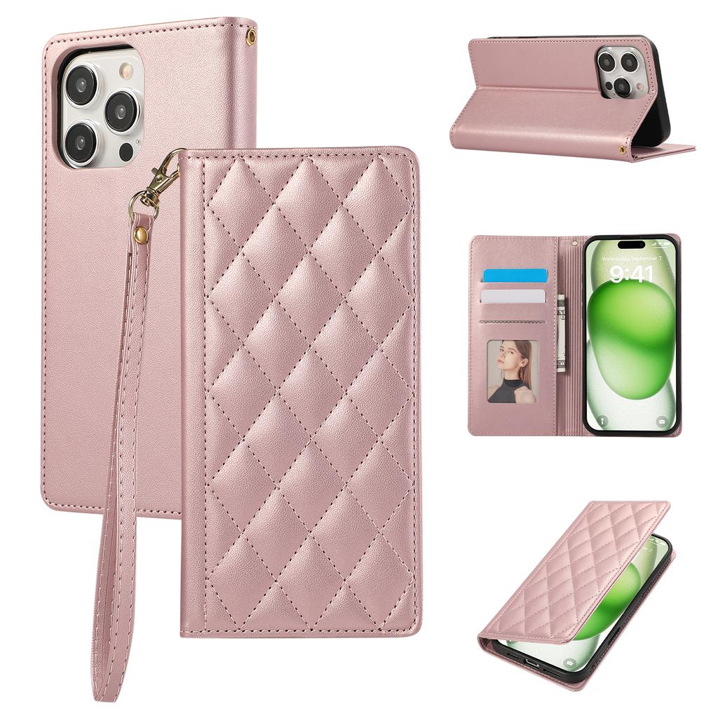 For iPhone 16 Pro Case RFID Blocking Wallet Stand Rhombus Leather Phone Cover with Wrist Strap