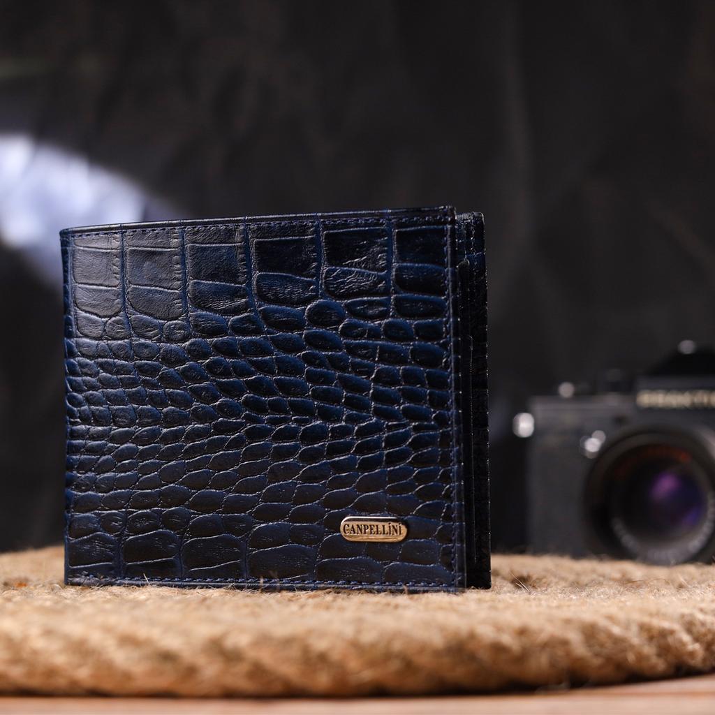 Стильный мужской кошелек в два сложения из натуральной фактурной кожи с тиснением под крокодила CANPELLINI Purse 21580 Синий