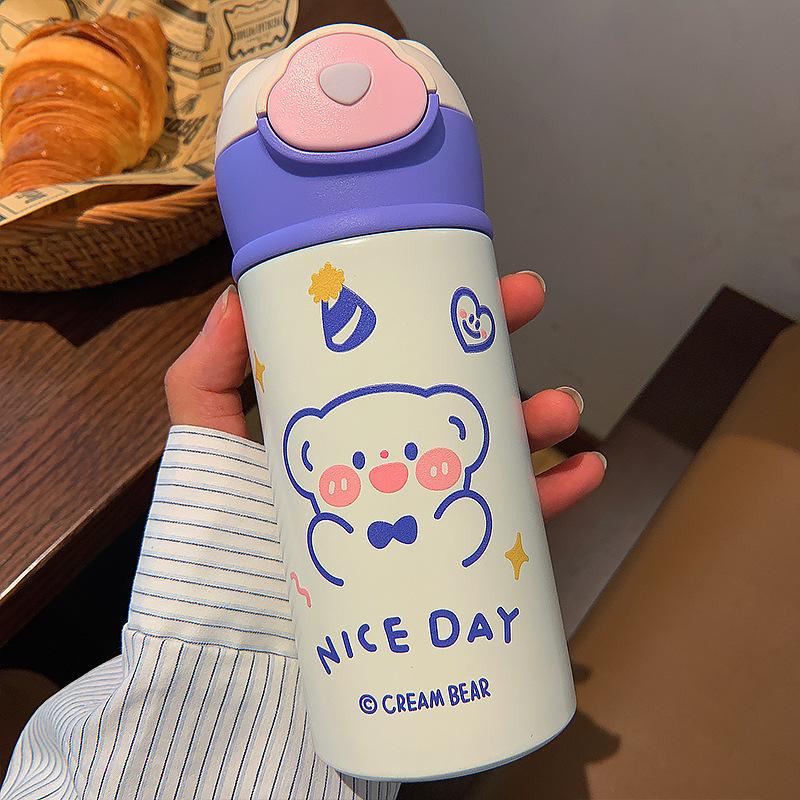 Термобутылка Kawaii Bear, 380 мл для детей, школьных женщин, изолированная чашка из нержавеющей стали с соломой, милые термобутылки для воды