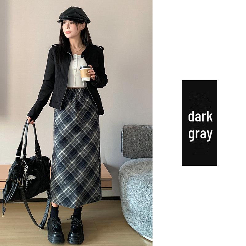 Женская шерстяная клетчатая юбка с высокой талией - узкий А-силуэт средней длины, утолщенная для осени/зимы 2024 г.