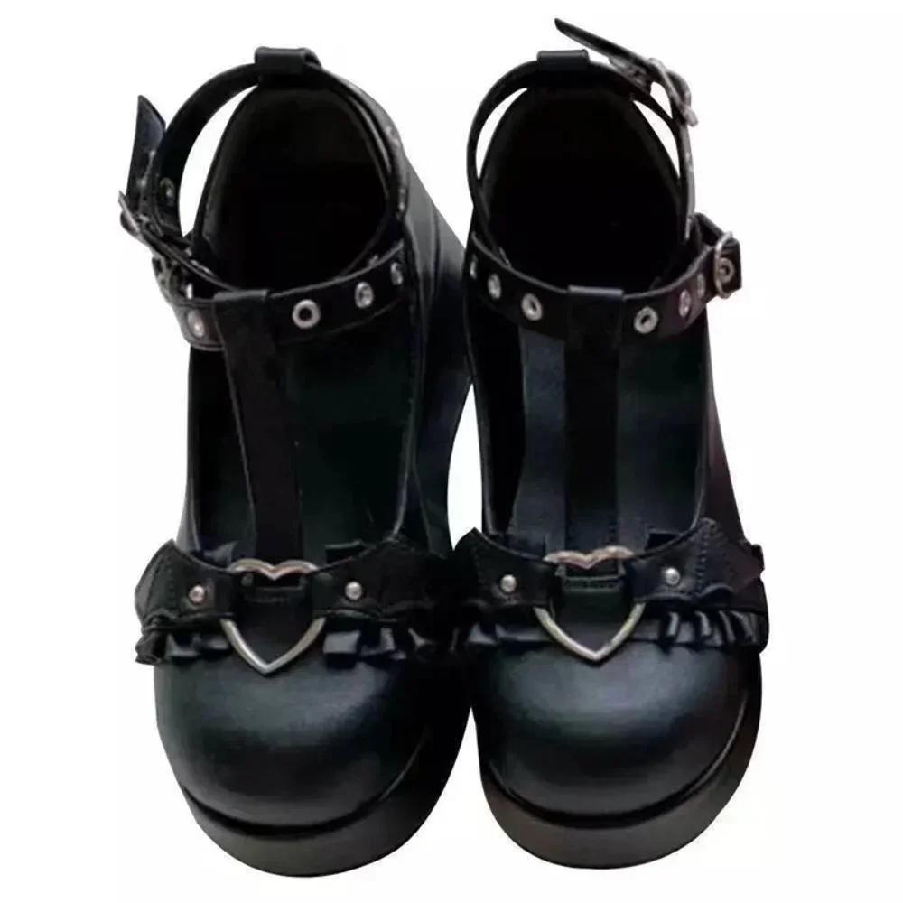 Fashion New Sweet Heart Buckle Wedges Mary Janes Women Pink T-Strap Chunky Platform Lolita Shoes Woman Punk Gothic Cosplay Shoes 43