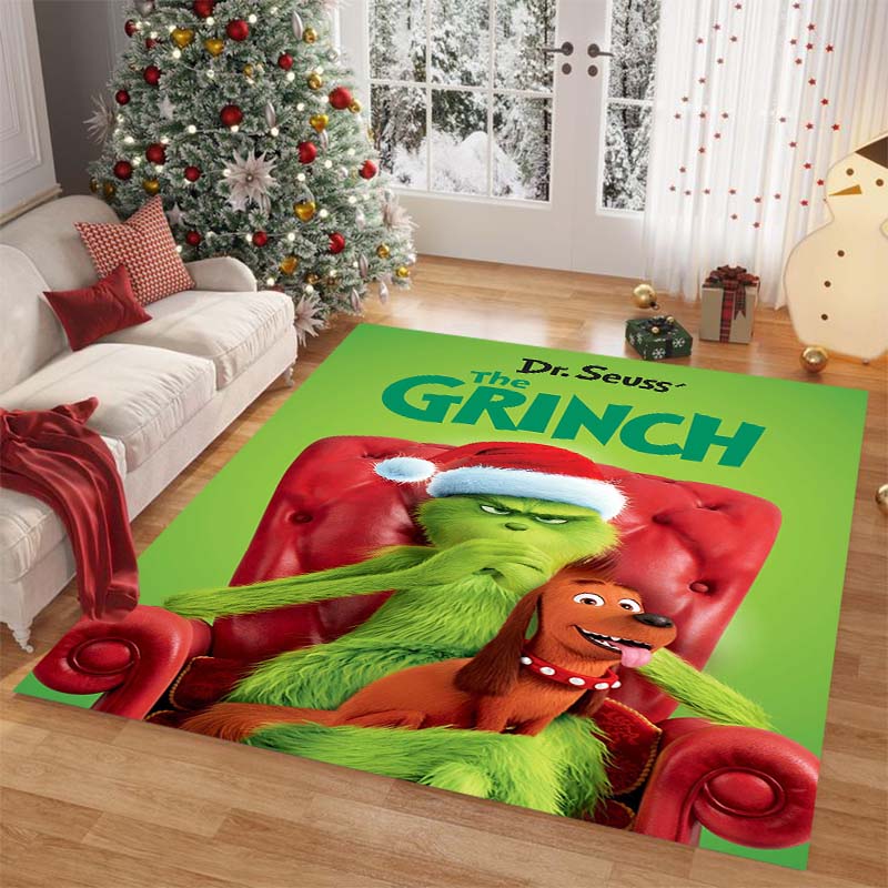 New Cute Cartoon "The Grinch" Print Rug – Warm Winter Flannel Floor Mat & Festive Sofa Foot Mat