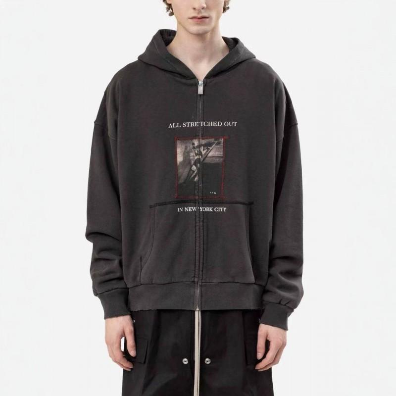 Unisex Washed Black Cotton Hoodie With Letter Print Zip-Up Long Sleeve Streetwear Sweatshirt Youth