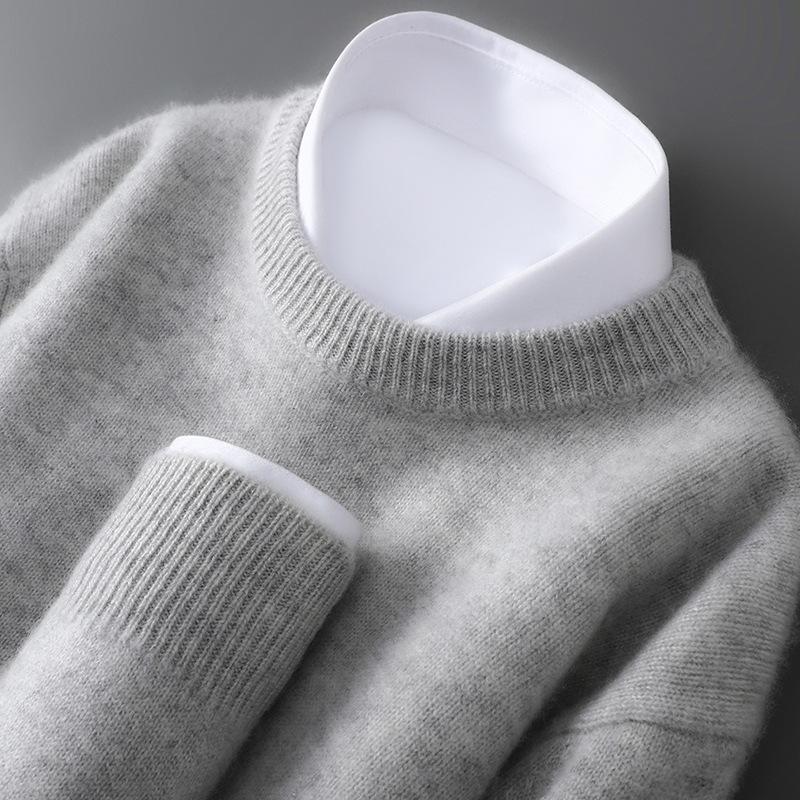Men's Pure Wool Heavyweight Sweater, Round Neck, Loose Fit, Warm, Solid Color, Ideal Base Layer for Autumn/Winter.