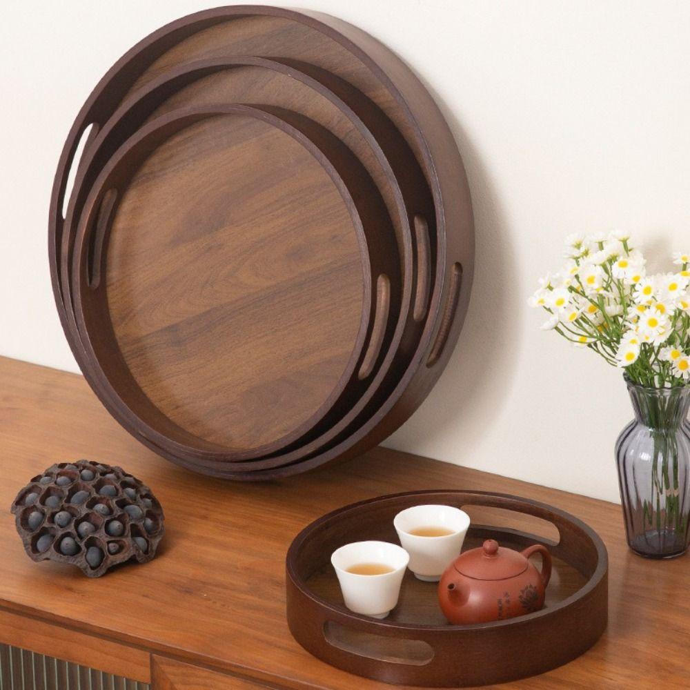 Walnut Color Food Storage Trays Round Dessert Pallet Decorate Tray Bamboo Wooden Tray Kitchen