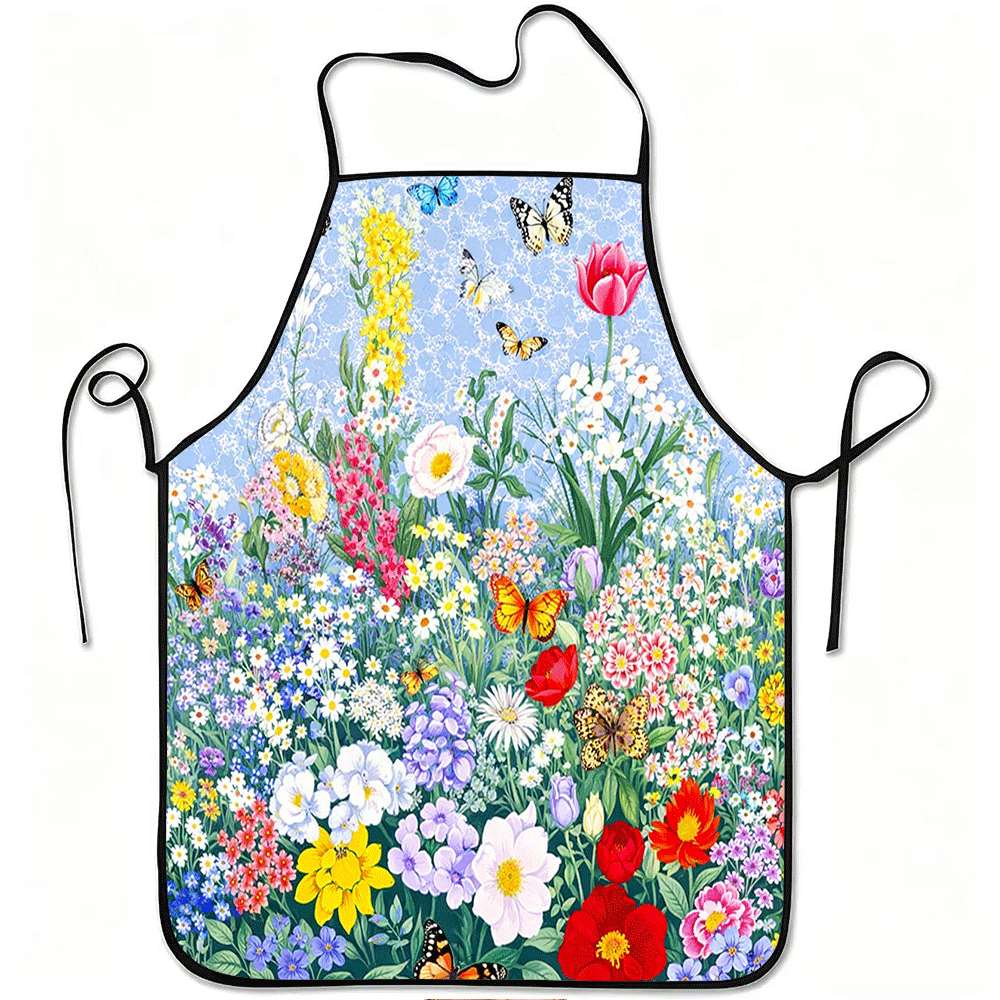 1pc Colorful Floral And Butterfly Print Apron, Durable And Easy to Clean, Adjustable Waistband, Polyester Material, for Kitchen