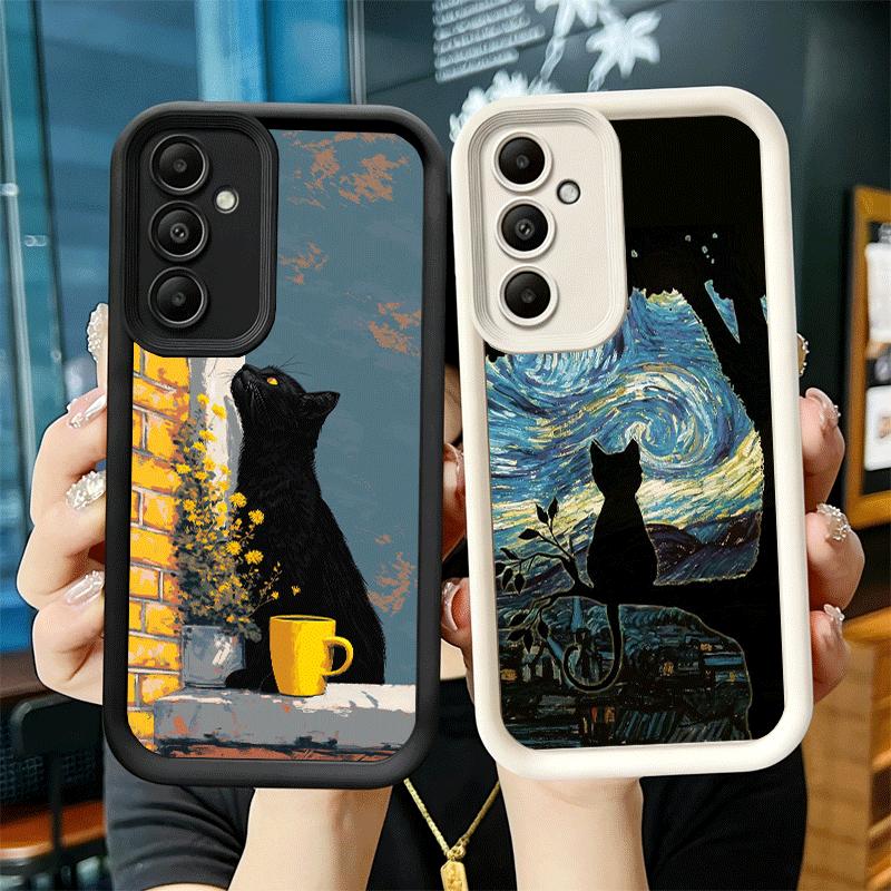 Чехол для телефона Samsung Galaxy A17 A16 A15 A14 A13 Черный Кот Эстетичный Узор A56 A36 A26 A55 A35 A25 A54 A34 A24 A53 A33 A23 A0