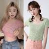 Rainbow Tie-dye Knitted T-Shirt Women's Tops Short-Sleeved Square Neck Cropped Tops Y2k Aesthetic All Match Harajuku Tees