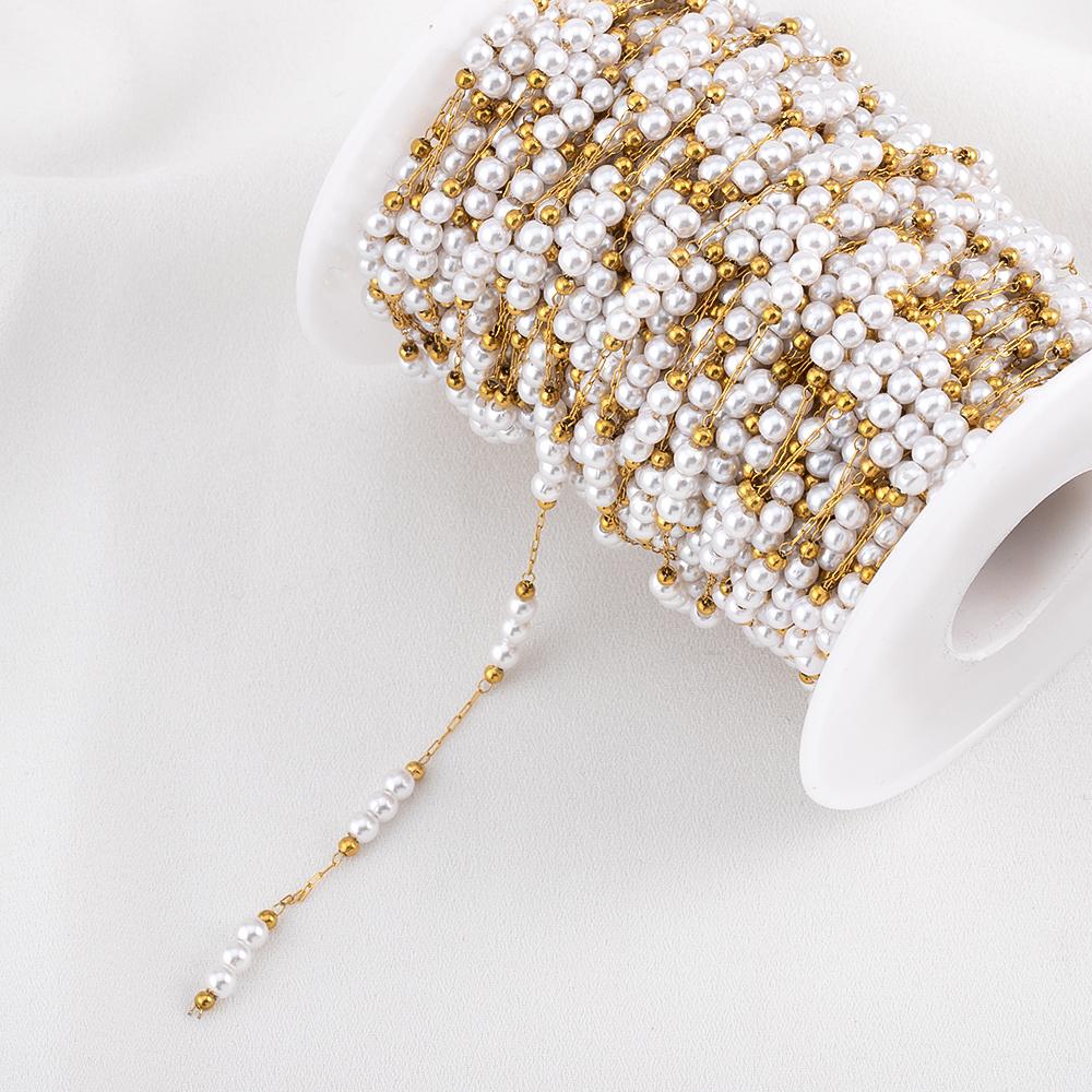 1 Meter Stainless Steel 3mm Gold Beaded Stone Pearls Chains for DIY Jewelry Findings Necklace Bracelet Supplies Earrings Making