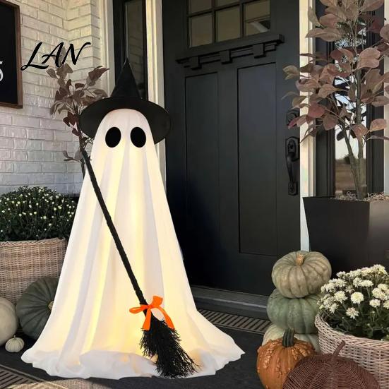 Yard Ghost Ornament Halloween Light-Up Decoration, Spooky Witch Hat with LED Decorative Wizard Light, Broom Decor for Outdoor Lawn Porch Holiday Party