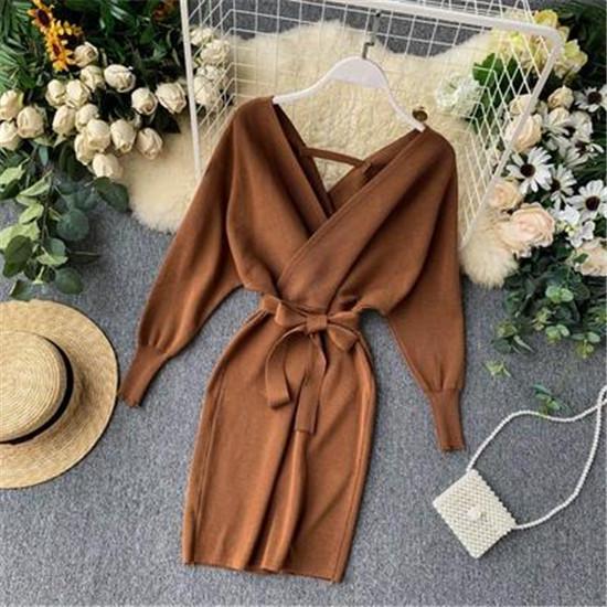 Stylish New Autumn Winter Bag Hip Sweater Dress Female Chic V-neck Bandage Dresses Sexy Women
