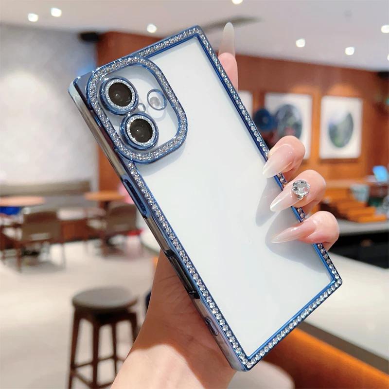 Прозрачный чехол с алмазным покрытием для iPhone 16 Pro Max 15 Plus 14 13 Pro, мягкий силиконовый защитный противоударный чехол для линз