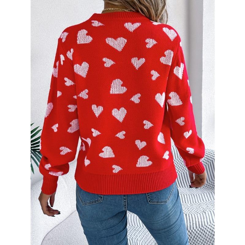 Women's Autumn and Winter Casual Round Neck Long Sleeve Knitted Sweater Clashing Color Love Lantern Sleeves