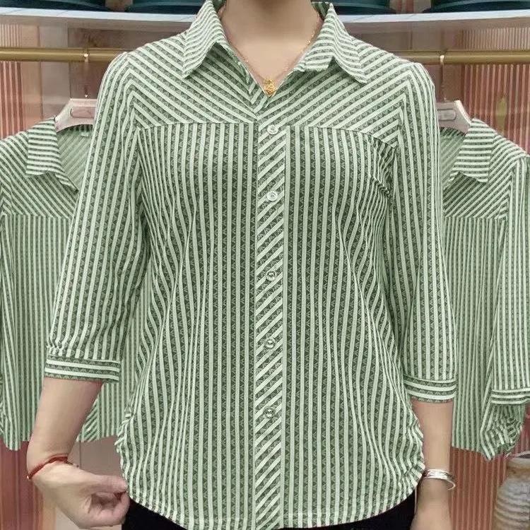 Plus Size Mother's Striped Three-quarter-sleeved Small Shirt Fashionable Loose and Thin All-match Cardigan Top