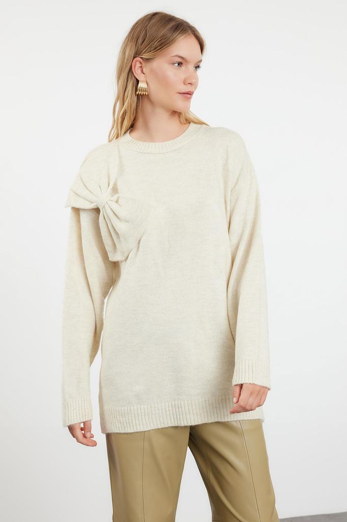 Women's Fashionable Stylish Hijab Sweater Ecru Bow Detailed Soft Textured Knitwear Sweater