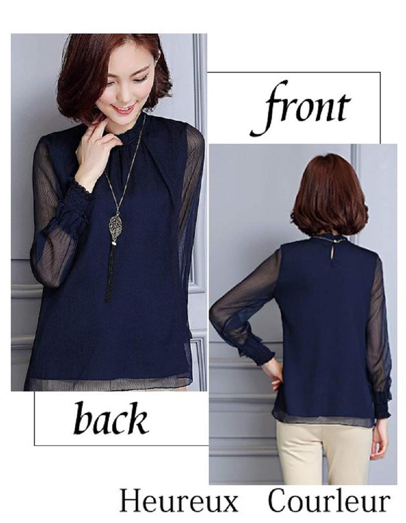 UruClaire Chiffon Sleeve Plus Length Solid Black Women's See-Through Blouse, Half-Long Top, Lace, White, Black, Beige, Denim, Office, Formal, Date,