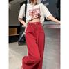 Y2K Red Baggy Jeans Women Korean Style Oversized Straight Wide Leg Denim Pants Female Retro High Waist Trousers Streetwear
