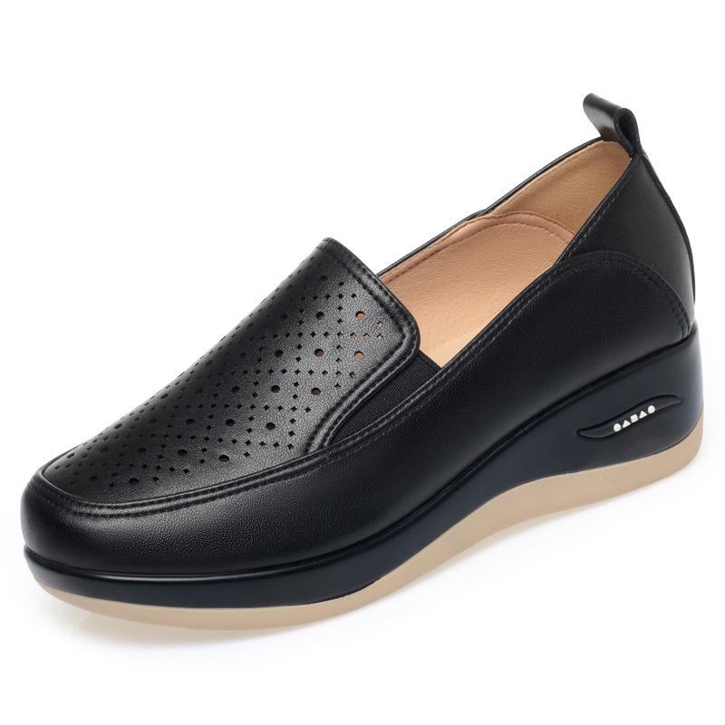Spring Soft Leather Thick Bottom Women Shoes Wedges Cutout Breathable Sneakers Platform Lightweight Mom Loafers