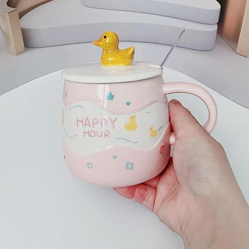 Керамическая чашка с мультяшным дизайном, с крышкой и ложкой, масляный утенок, для микроволновой печи, можно нагревать воду, забавная кружка, керамическая чашка