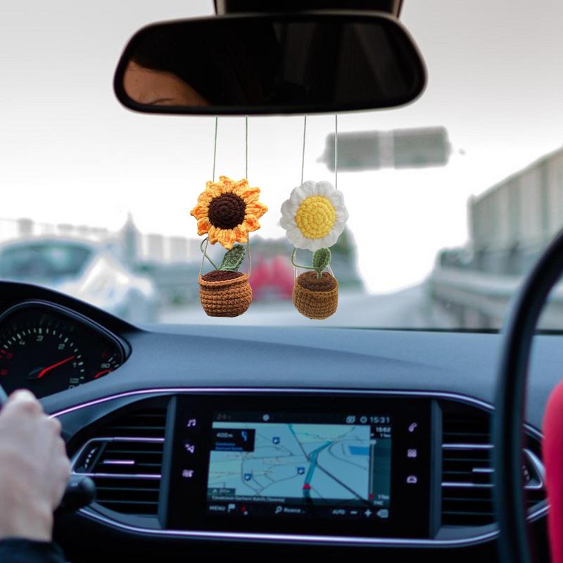 Car Accessories Sunflower Pendant Handmade Sunflower Car Rear View Ornament Cute Potted Plant Pendant Not Block The Sight Wool