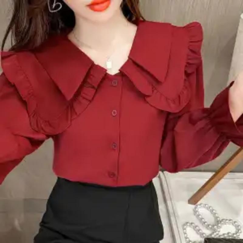 Solid Color Shirt for Women Spring Autumn New Design Sweet Fungus Edge Doll Collar Long-sleeved Top