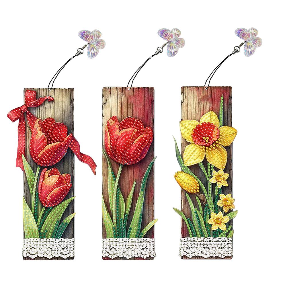 3Pcs Special Shape Rose Bouquet DIY Bookmarks Diamond Painting Kits Diamond Art Bookmark with Pendant for Kids Adults Beginners