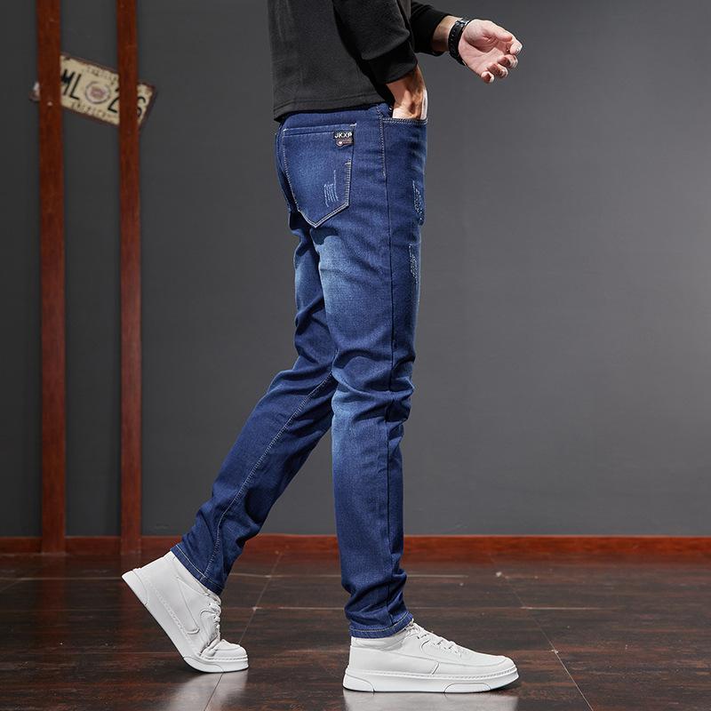 Эластичные и мягкие джинсы для мужчин, узкие и удобные, универсальные, облегающие прямые брюки с плюшевой подкладкой, повседневные брюки
