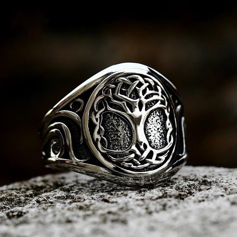 Men Biker Nordic Viking Rings Stainless Steel Retro Nordic Ethnic Belief Odin Viking Rune Ring Men Amulet Jewelry