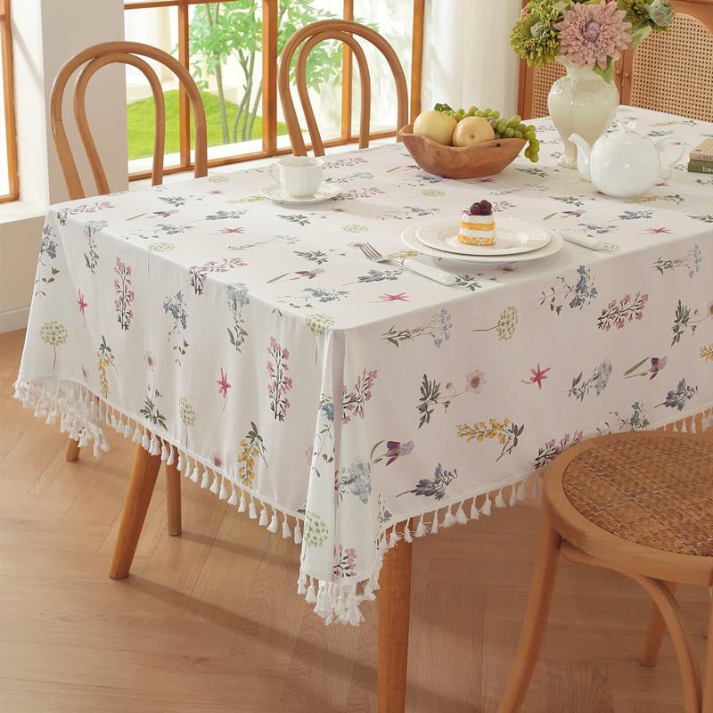 Хлопок С принтом Маленький Свежий Зеленый Растение Цветы Листья Листья Лотоса Кромка Кромка Гриба Бахрома Скатерть для Кофейного Столика Скатерть для Обеденного Стола