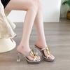 Fashion High-heeled Sandals Women's Fashion Square Head Open Toe Metal Buckle Hollow Waterproof Table Non-slip Slippers