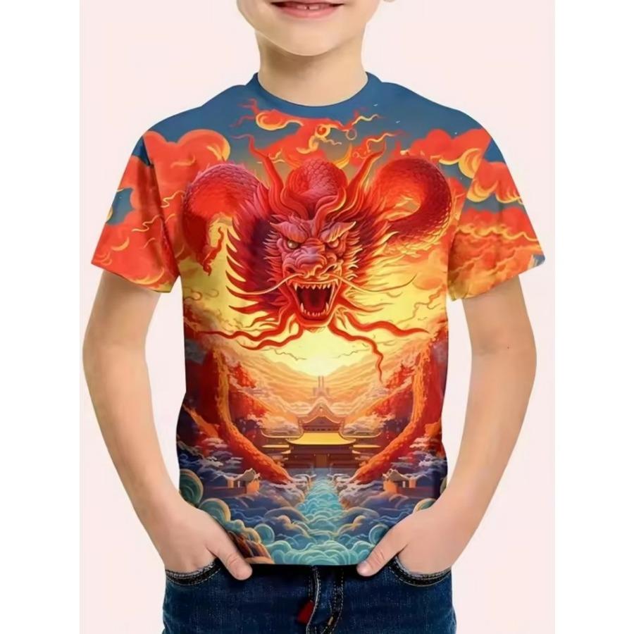 3D Digital Print Kids Stylish Lion Dragon Animal Pattern T-Shirt Boys Short Sleeve Crew Neck Casual T-shirts
