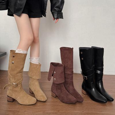 Осенние плиссированные женские ботинки в стиле вестерн, ковбойские, модные, с пряжкой на ремне, на толстом каблуке, уличный стиль, облегающие, рыцарские, длинные боты для женщин