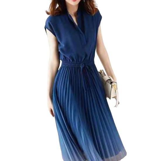 Stand Collar V-neck Flying Sleeve Elastic Waist Drawstring Summer Dress Gradient Color Pleated