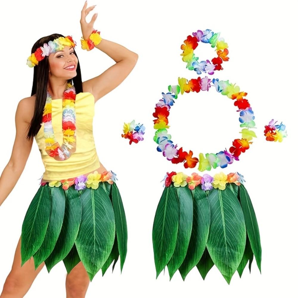 5Pcs Grass Skirt Complete Dance Outfit Simulation Leaf Unisex Beach Party Wear Luau Performances