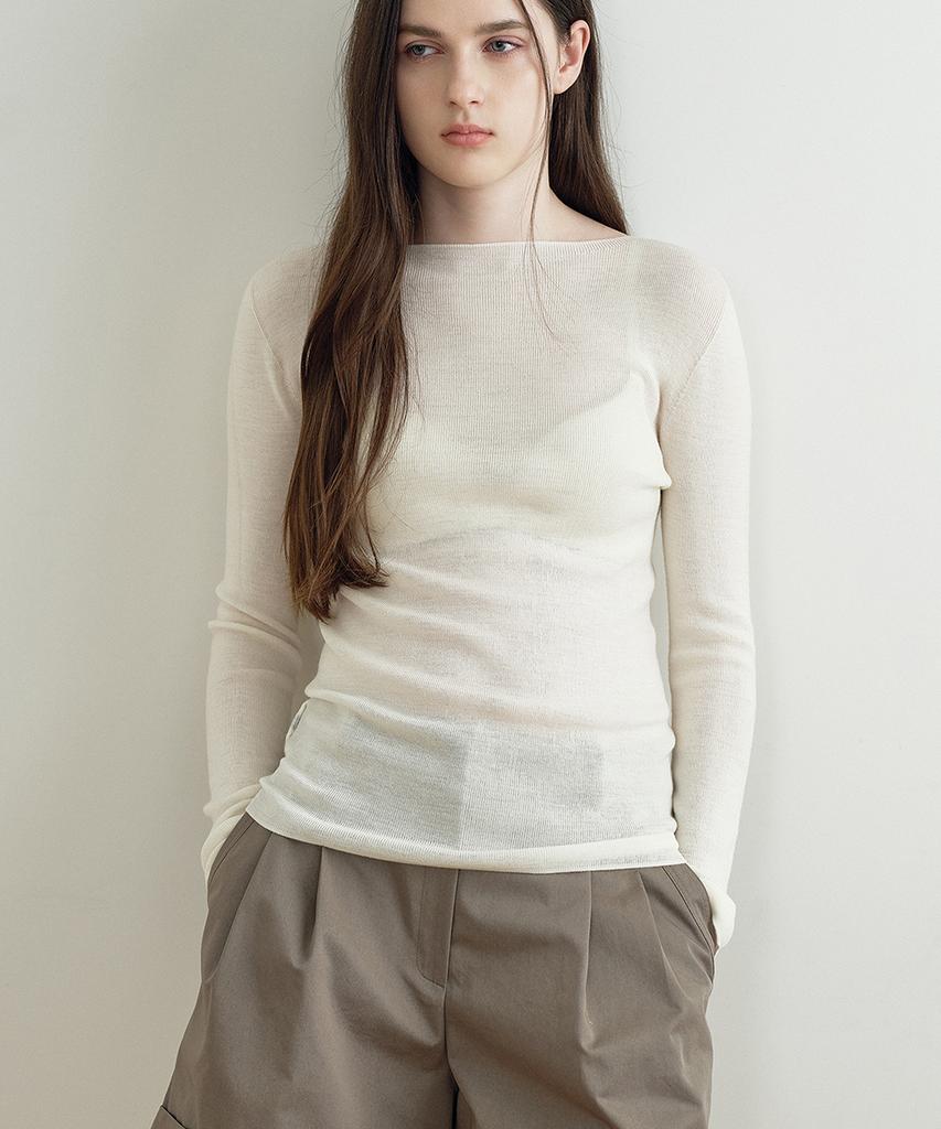 MAKE A TOAST Thin Boat Neck Wool Knit Top (Ivory) Mbfsnt003Iv