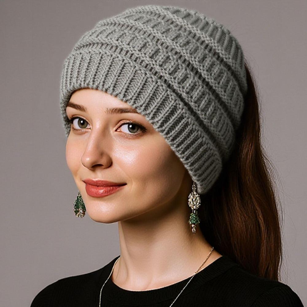 Headwear Ponytail Beanie Hat Solid Color Knitting Headband Warm Women's Hat Autumn