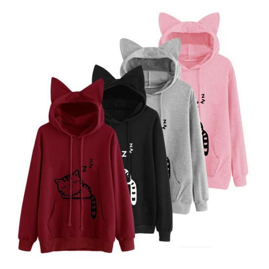 Women Fall Winter Hoodie with Big Pocket Cat Ear Decor Kitty Printing Hooded Full Sleeves Loose Pullover Home School Sport Top