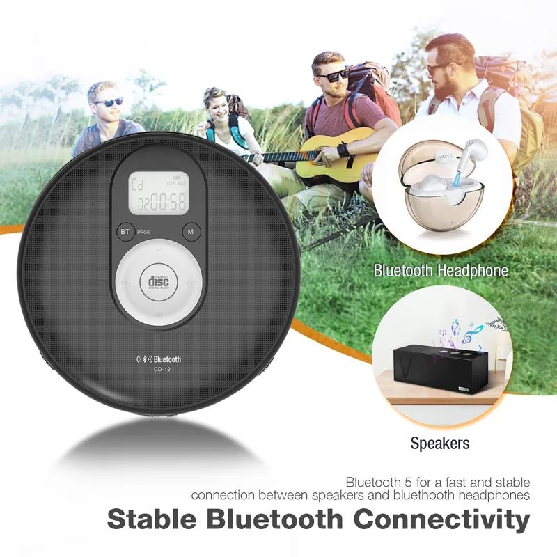 Портативный CD-плеер с Bluetooth, разъемом для наушников, ЖК-дисплеем, компактный CD-плеер Walkman, поддерживает питание переменного/постоянного тока