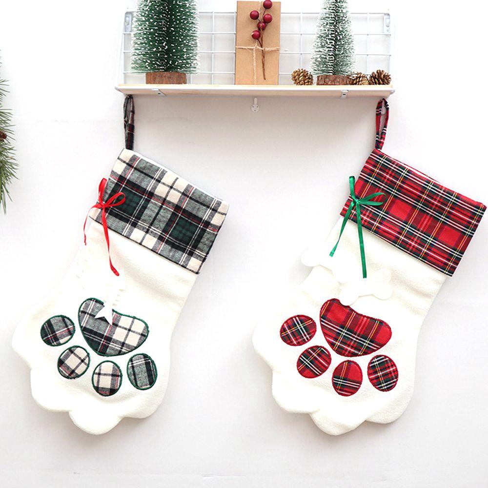 Christmas DIY Craft Paw Shaped Plaid Hanging Christmas Stockings Ornaments Pet Supplies Decoration