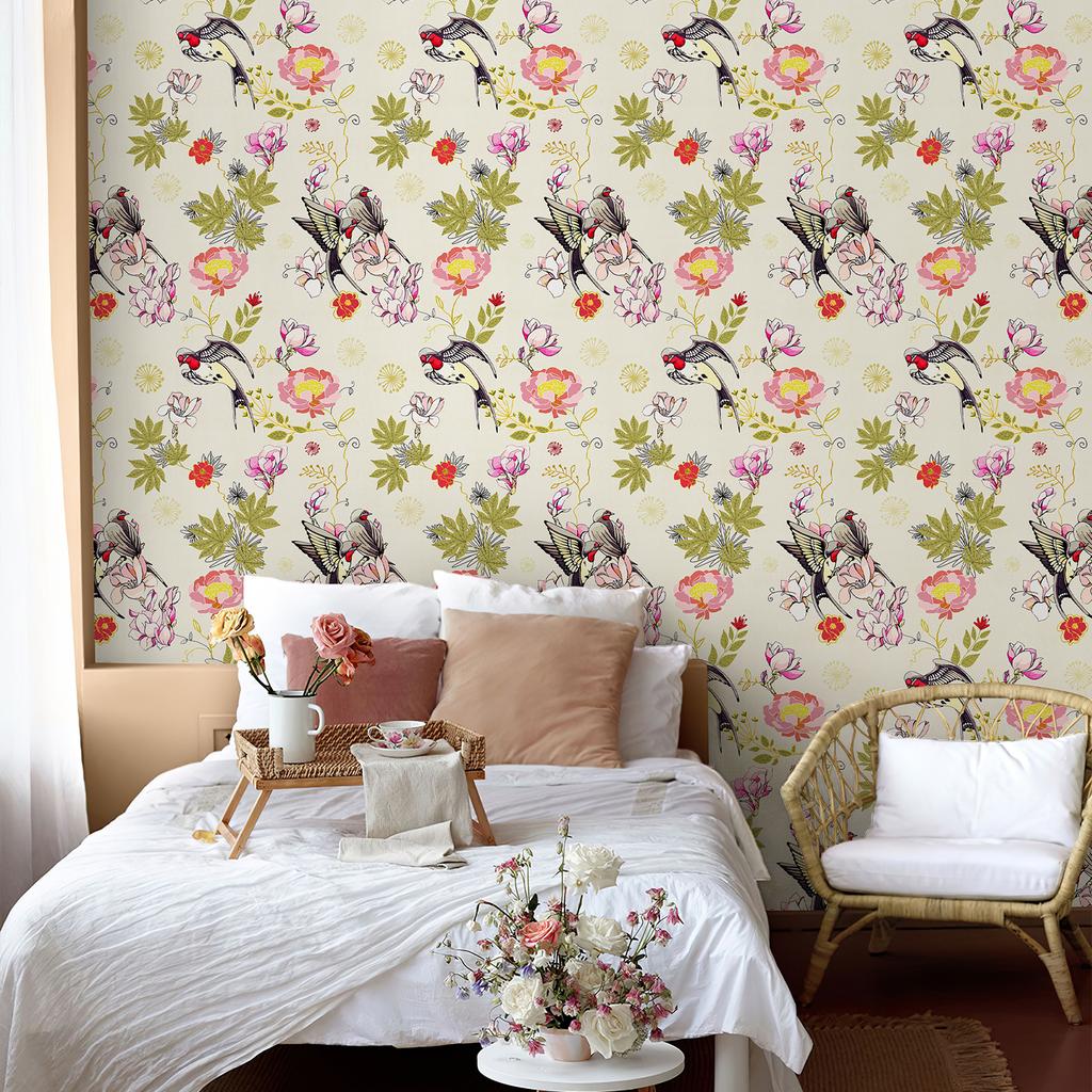 Желтые ласточки Самоклеящиеся обои Ретро Золотые листья и цветы Декор стен Водонепроницаемая наклейка для ванной комнаты кухни