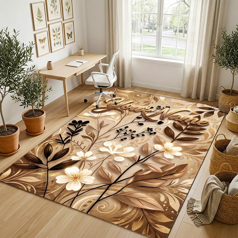 Floral Garden Theme Crystal Velvet Rug Personalized Custom Name Text Soft Floor Mat Home Decor