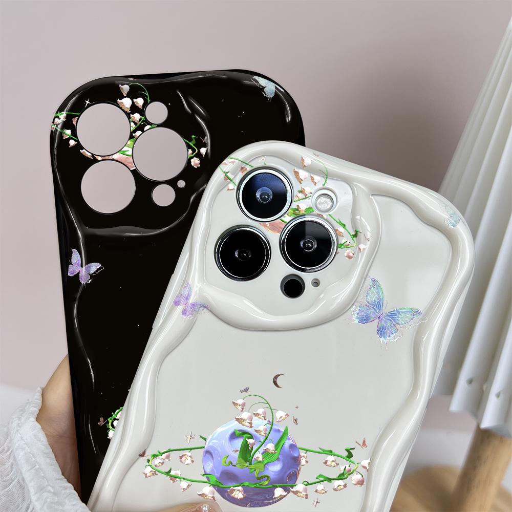 Для OPPO A17 A18 A38 A58 A98 Reno7 Z 8Z 8T 11F 11 Pro Realme 12 Lite 12 Pro C30 Цветы Кремовый Текстурный Чехол Волнистый Край Мягкий Силиконовый Чехол Для Телефона