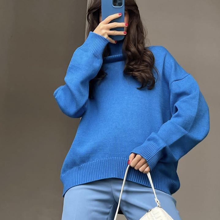 Autumn and Winter High Neck Loose Knitted Top Solid Color Casual Long Sleeve Knitted Sweater